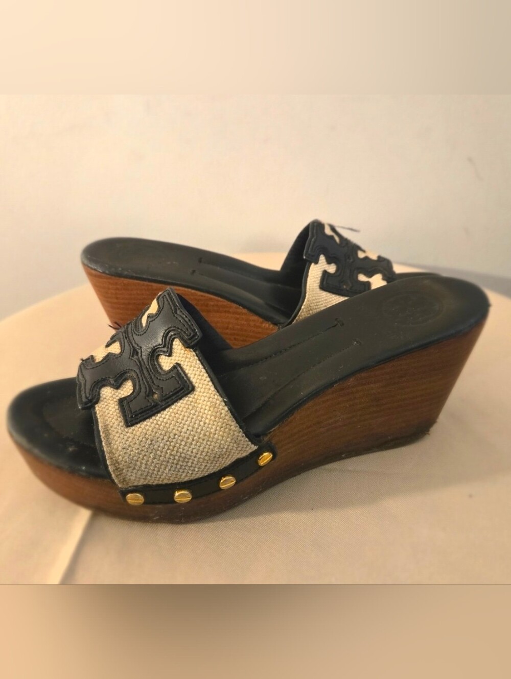 Tory Burch Ines Canvas Leather Logo Wood Wedge Slide Sandals Women's 8